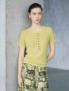 Pale Yellow Half Button Hollow Out Knit Short Sleeve Top