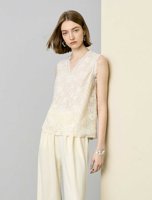 Cream Lace V-Neck Sleeveless Top