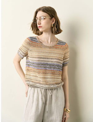 Colorful Striped Short Sleeve Knit Top