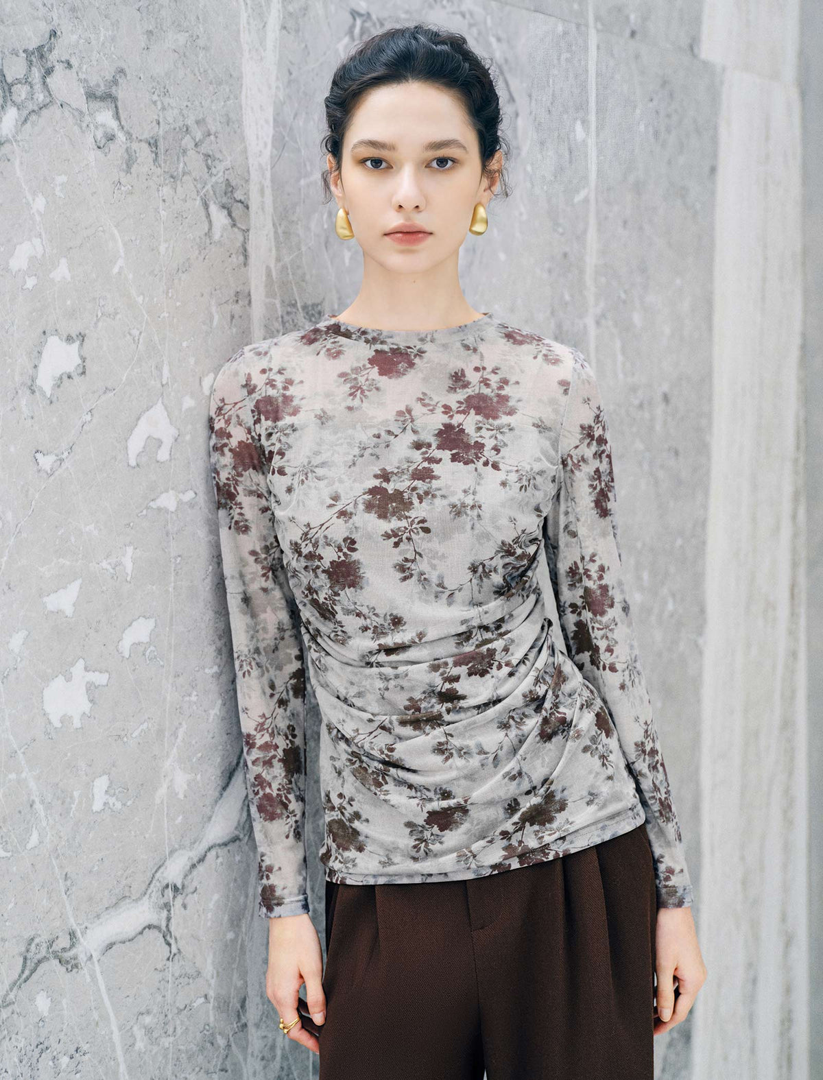Vintage Floral Print Long Sleeve Ruched Top