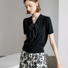 Contrast Bow V-Neck Knit Top - Black