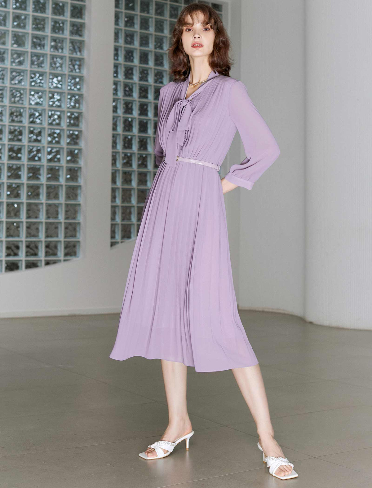 Lavender Pleated Tie Neck Midi Dress