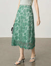 Sage Green Floral Leaf Lace High Waist A-Line Midi Skirt