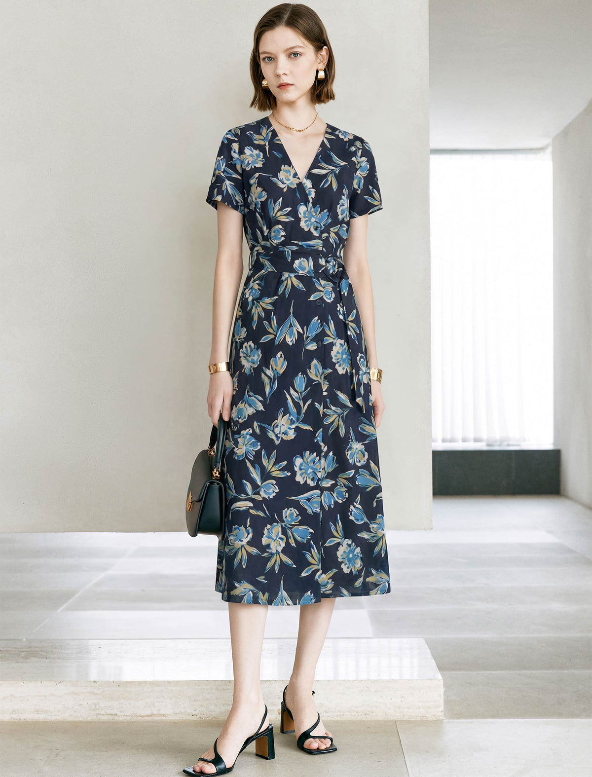 Dark Navy Mulberry Silk Floral Wrap Midi Dress