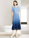 Gradient Blue Round Neck Short Sleeve Pleated Midi Dress