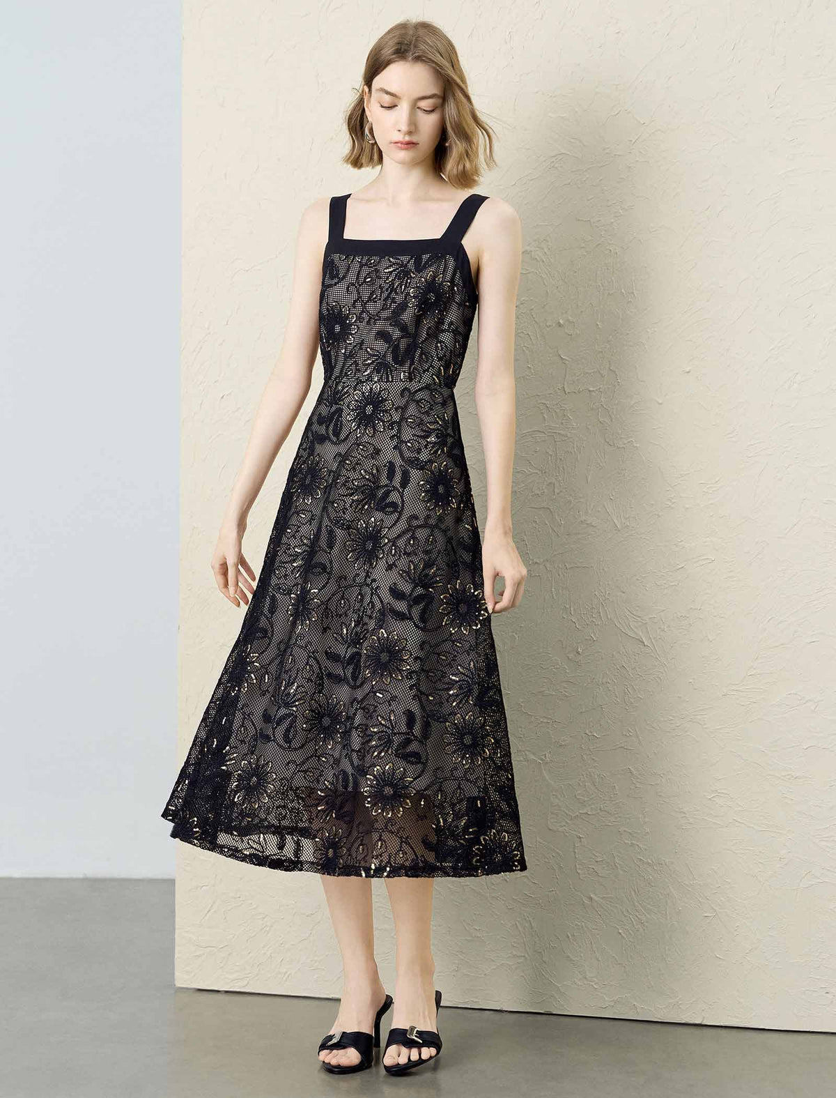 Black Gold Floral Sequin Lace Wide Strap Midi Slip Dress