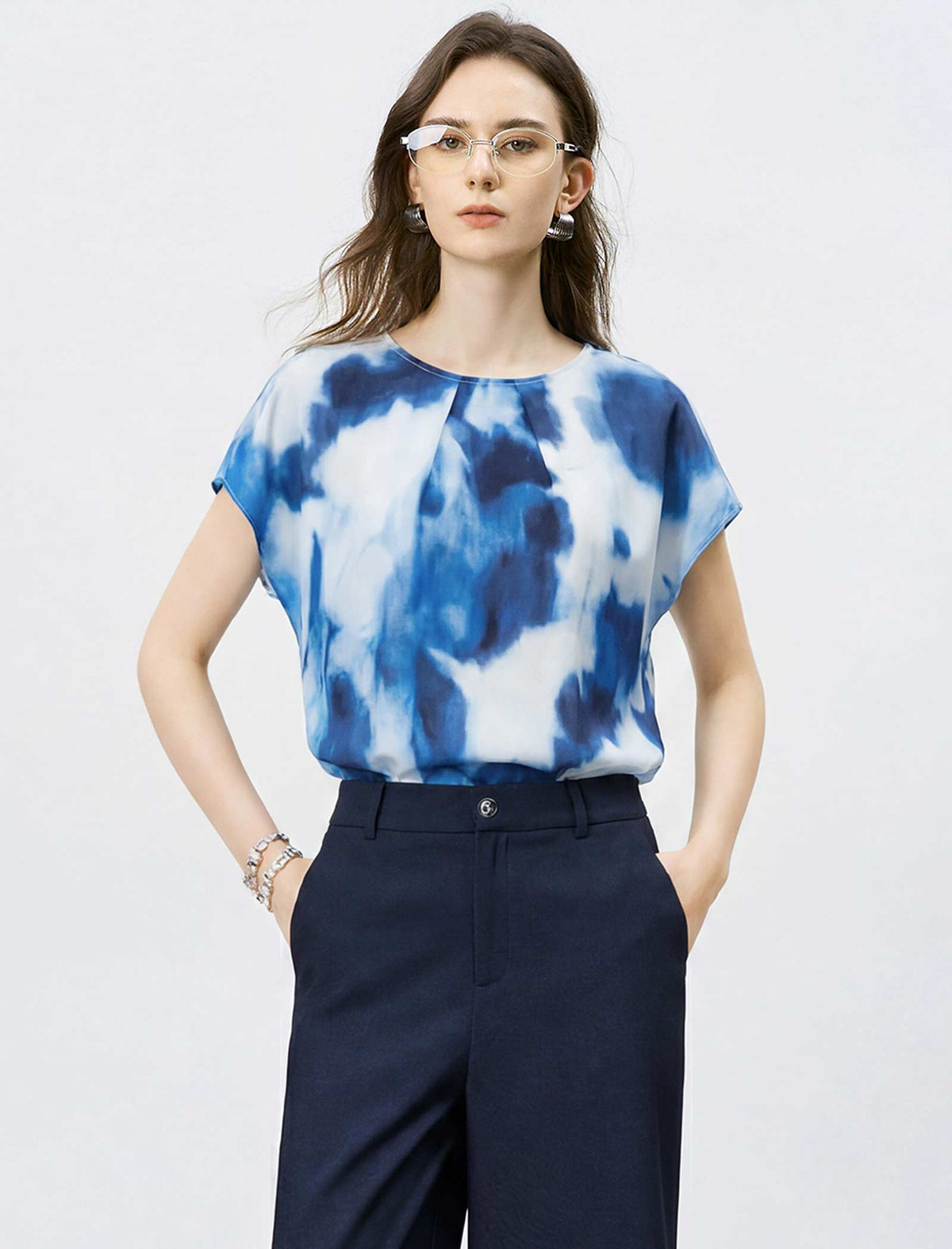 Mulberry Silk Watercolor Print Short-Sleeve Blouse