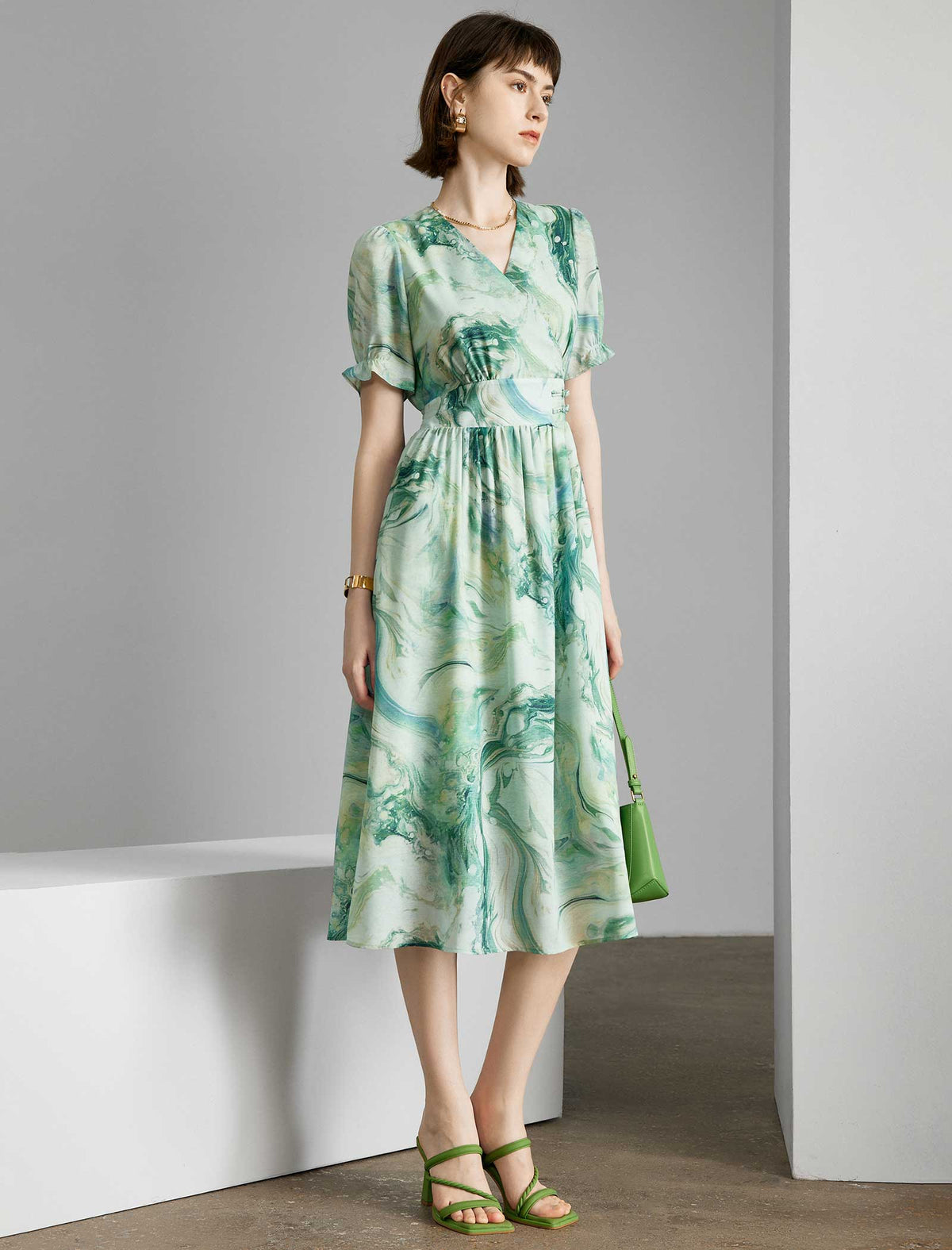 Teal Marble Print V-Neck Midi Dress