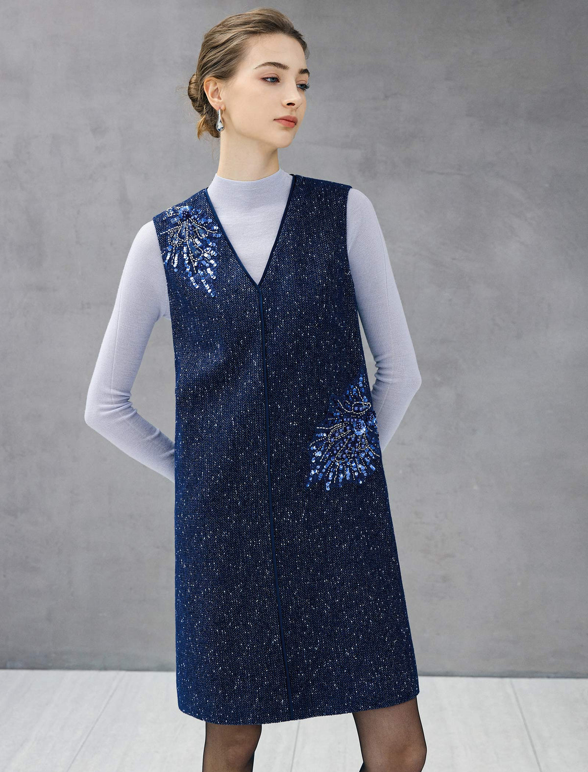 Wool Blend Beaded V-Neck Sleeveless Shift Dress
