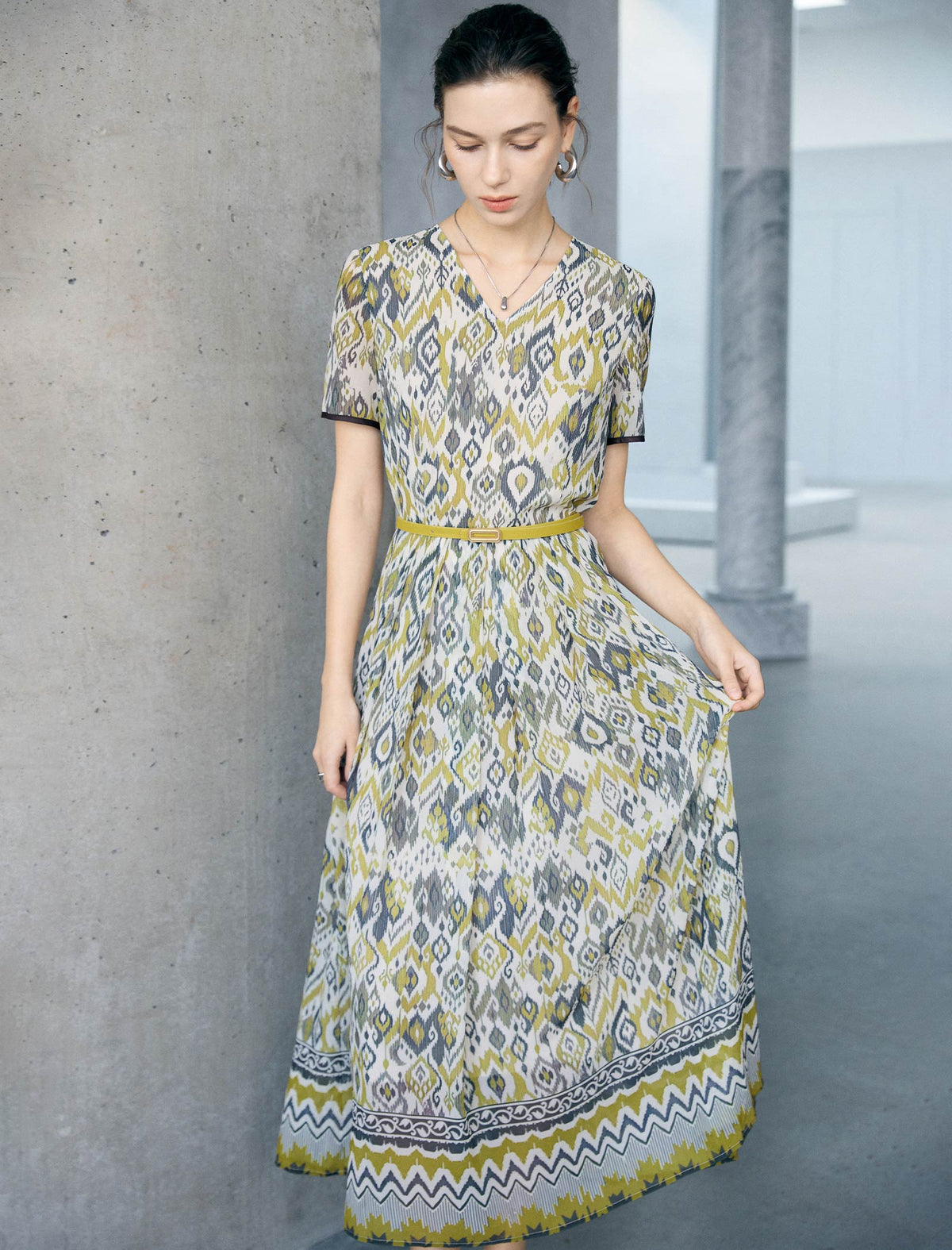 Ikat Geo Print Belted Tencel Blend Midi Dress