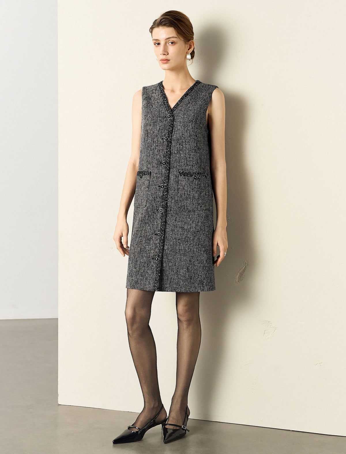 Tweed Sleeveless V-Neck Dress with Trim