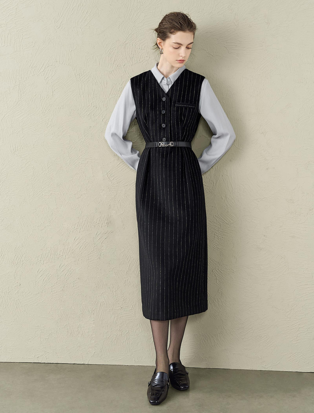 Wool-Blend V-Neck Pinstripe Sleeveless Midi Dress