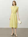 Stand Collar Sleeveless Belted Tencel Linen Midi Dress