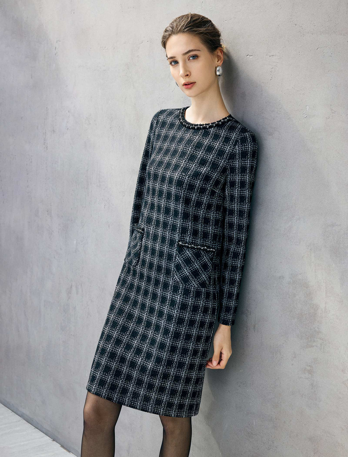 Plaid Long Sleeve Sheath Midi Dress