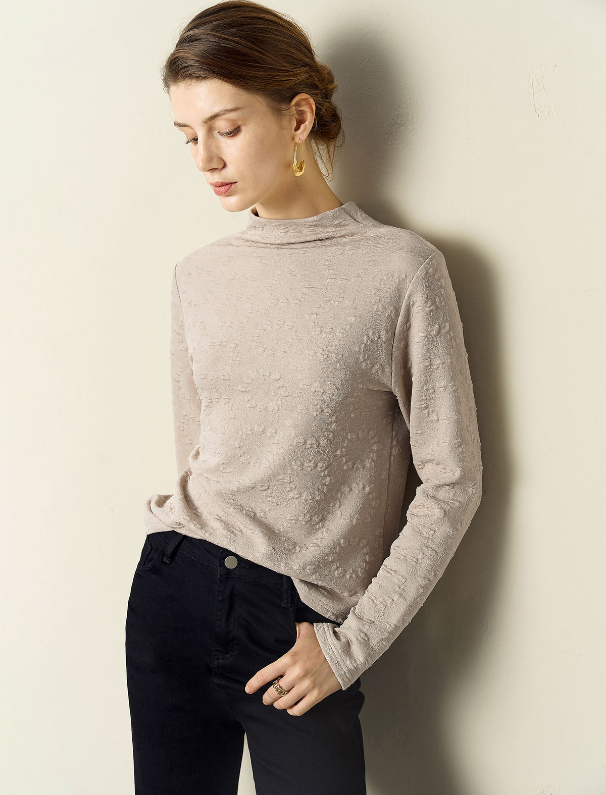 Khaki Textured Mock-Neck Long-Sleeve Knit Top