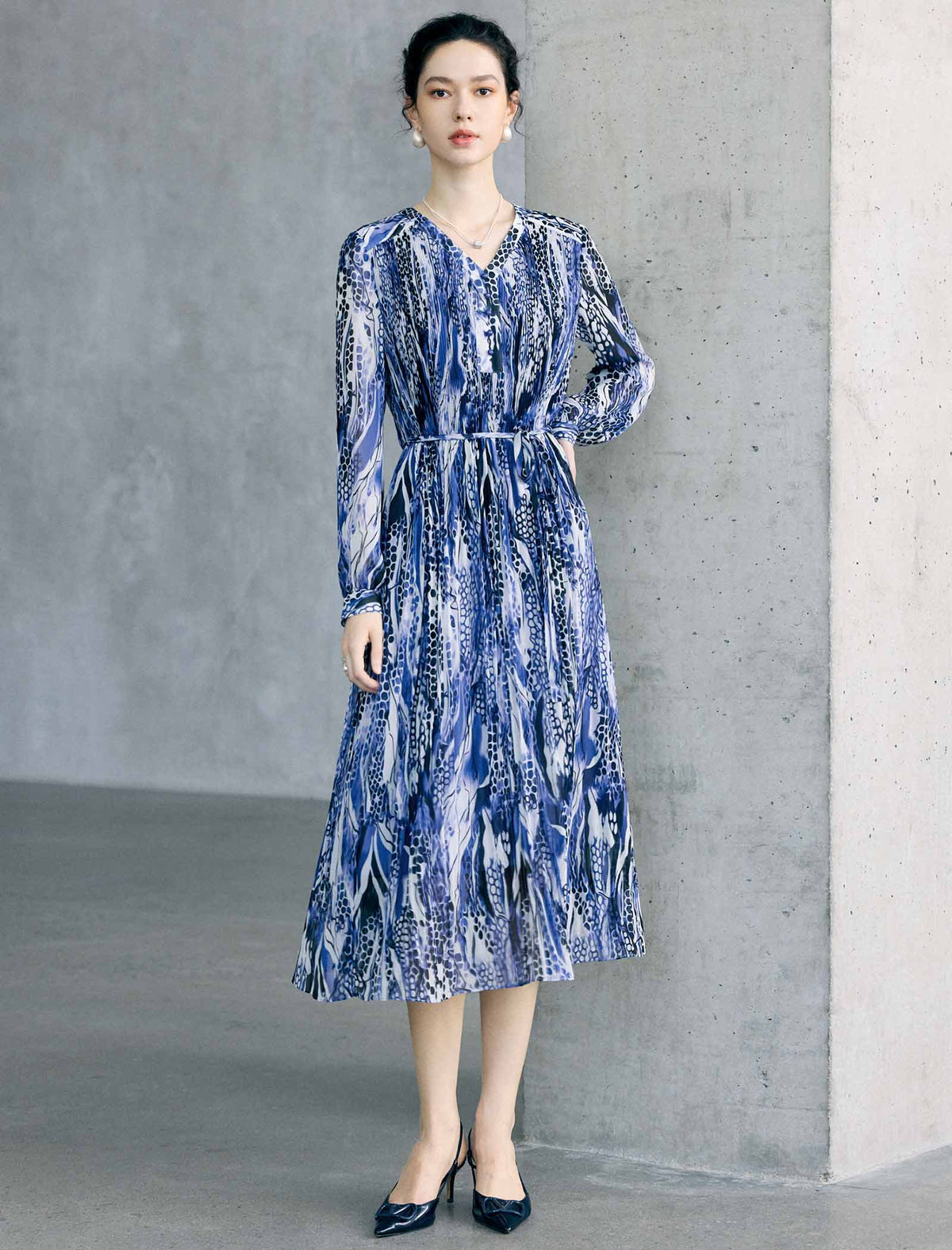 Abstract Floral Print Belted Long Sleeve Midi Dress