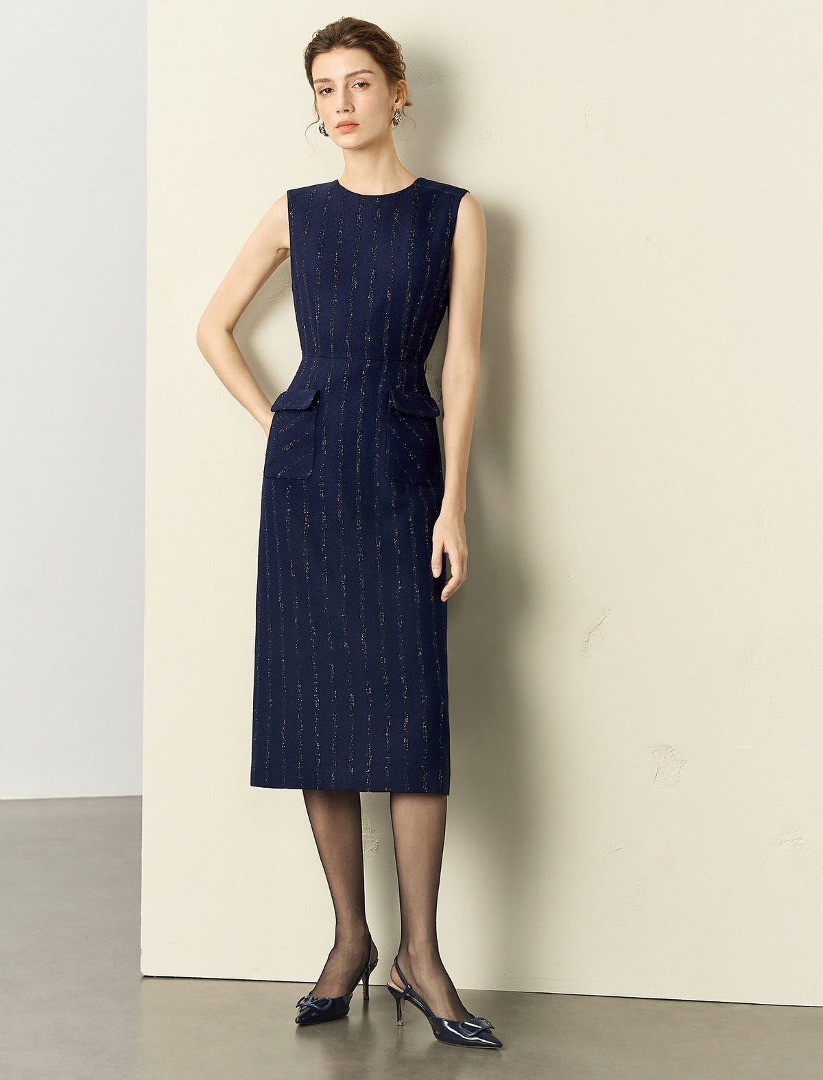 Wool Blend Pinstripe Sleeveless Sheath Midi Dress