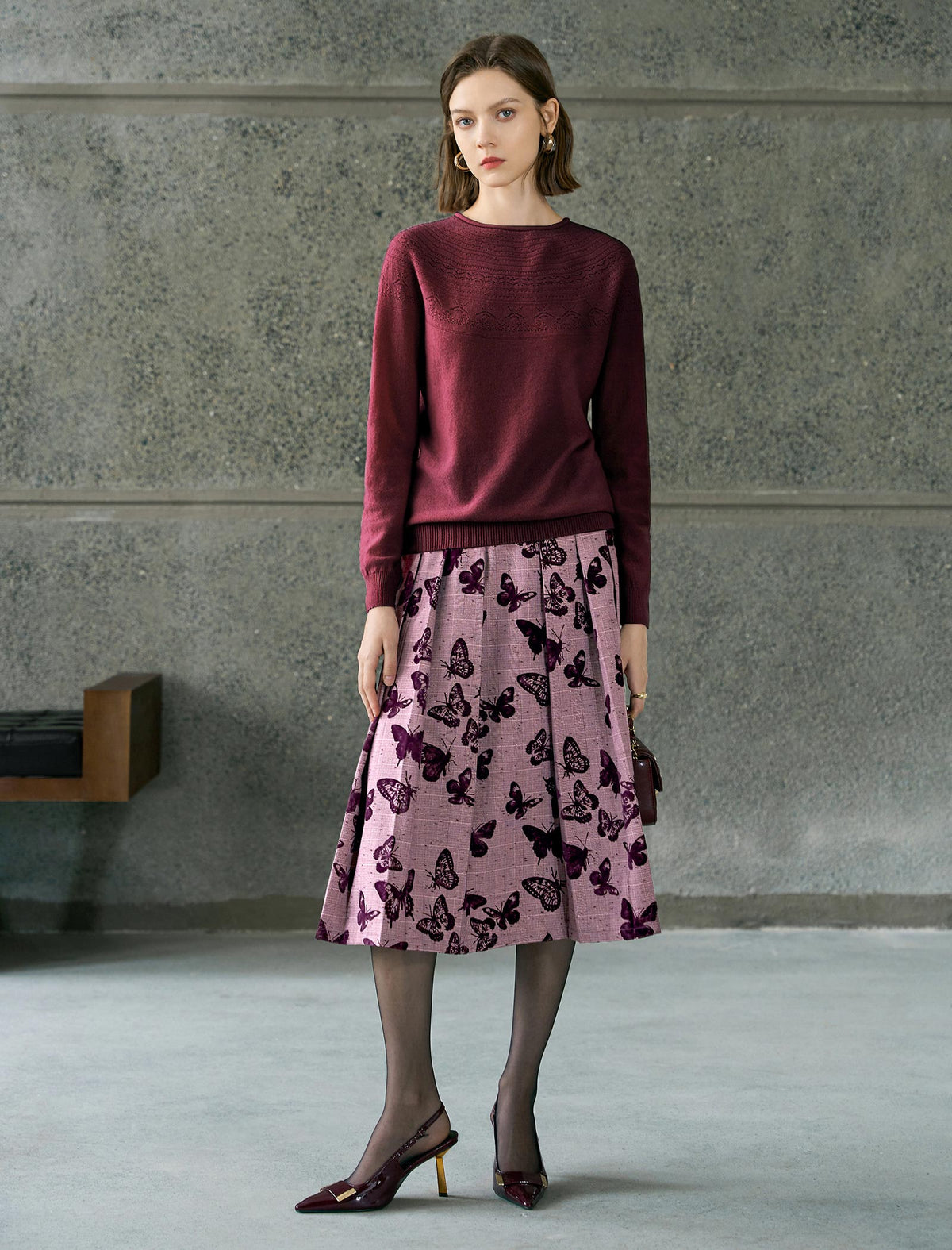Butterfly Print Pleated Midi Skirt