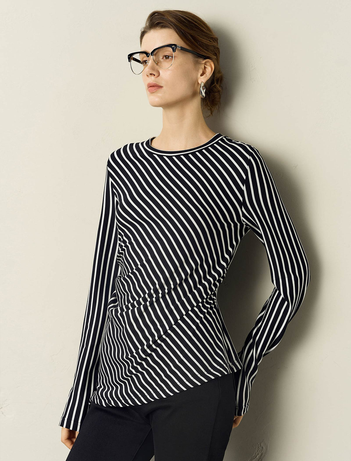 Stripe Long-Sleeve Side-Ruched Top