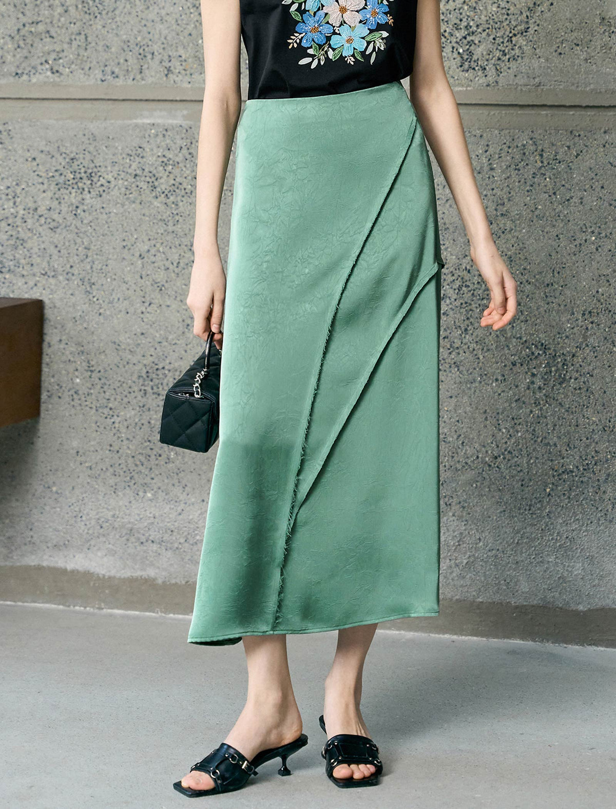 Sage Green Embossed Satin Wrap Midi Skirt