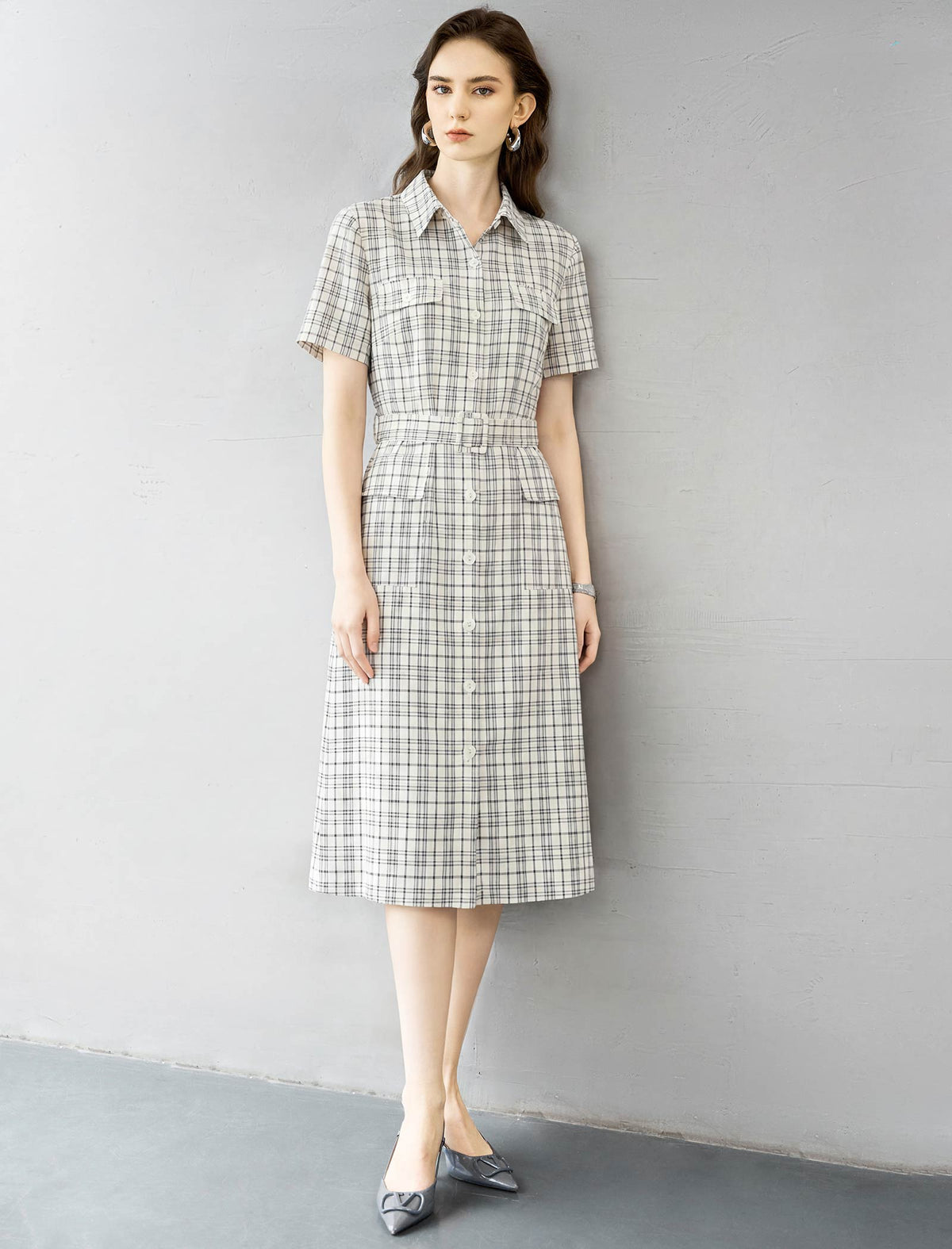 Neutral Plaid Shirt-Style Belted Midi Dress