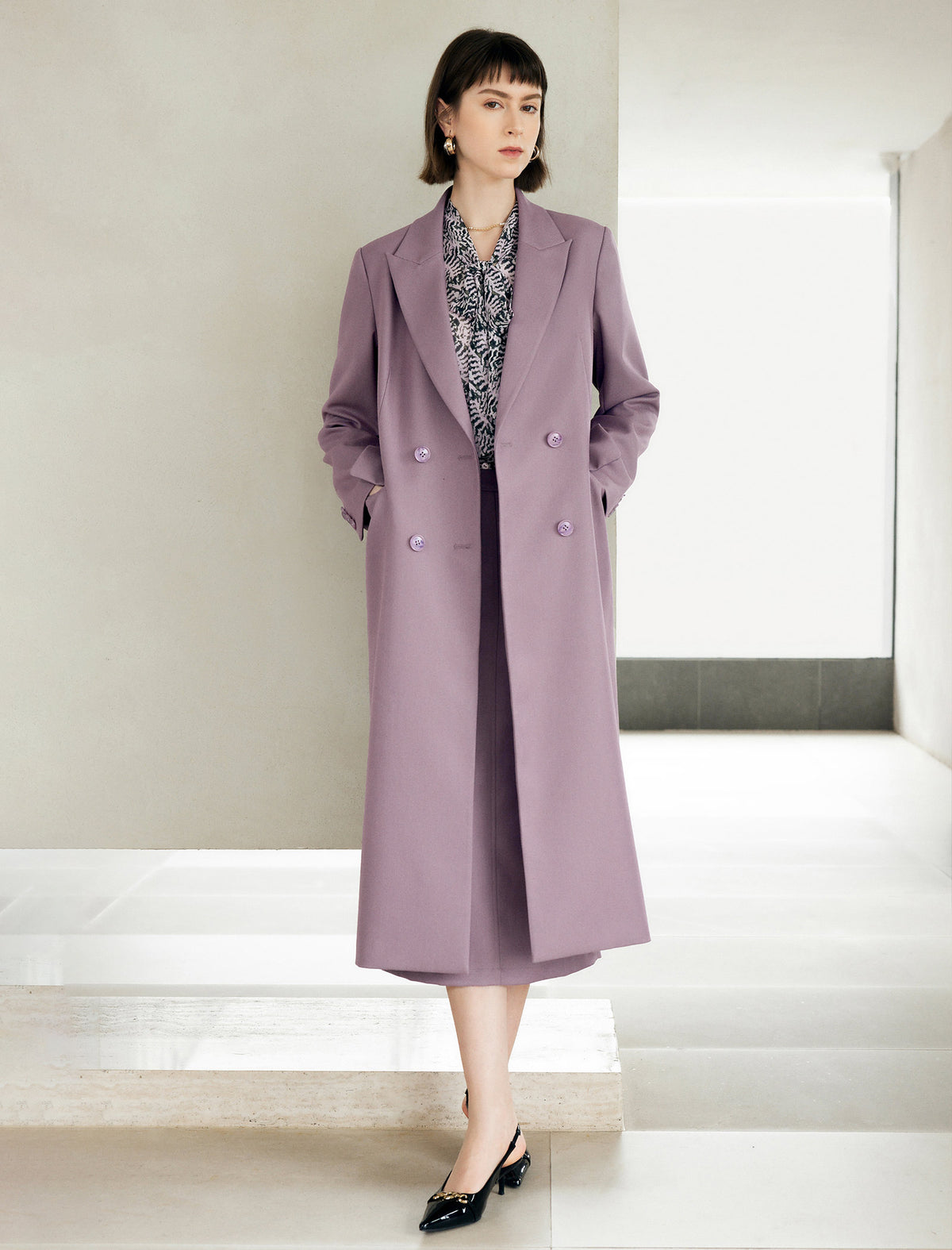 Double Breasted Long Coat with Notched Lapels