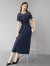 Navy Lace Mock Two-Piece Belted Midi Dress