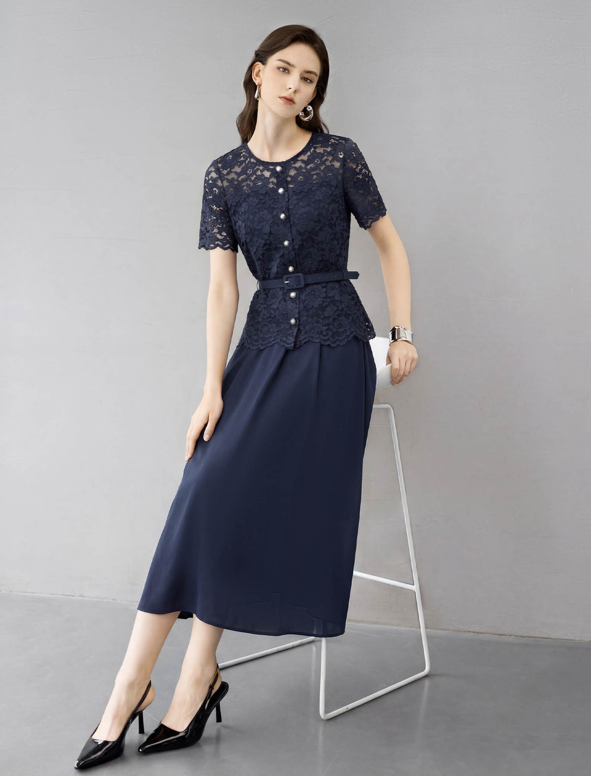 Navy Lace Mock Two-Piece Belted Midi Dress