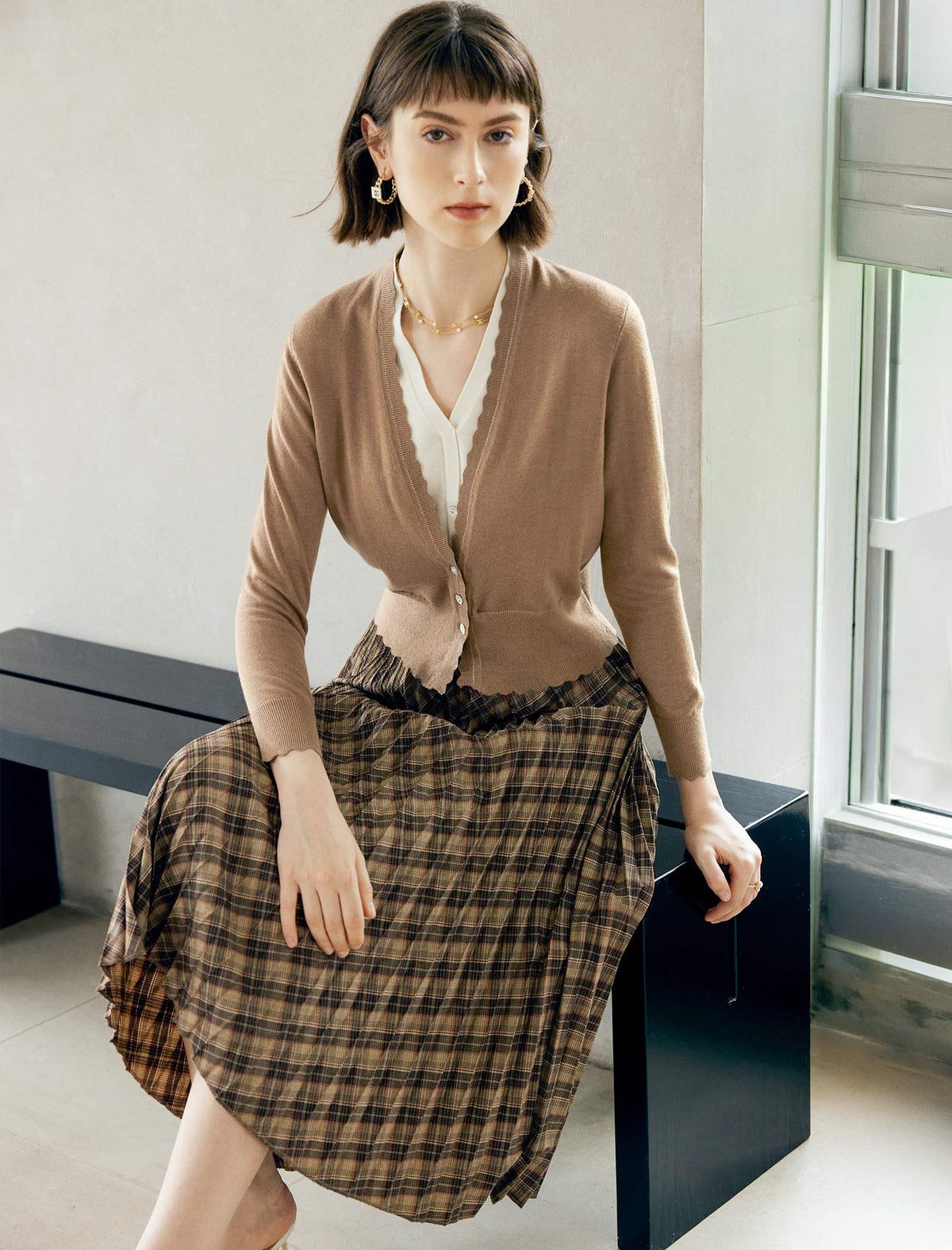 Wool Blend Scallop Trim Layered V-Neck Cardigan