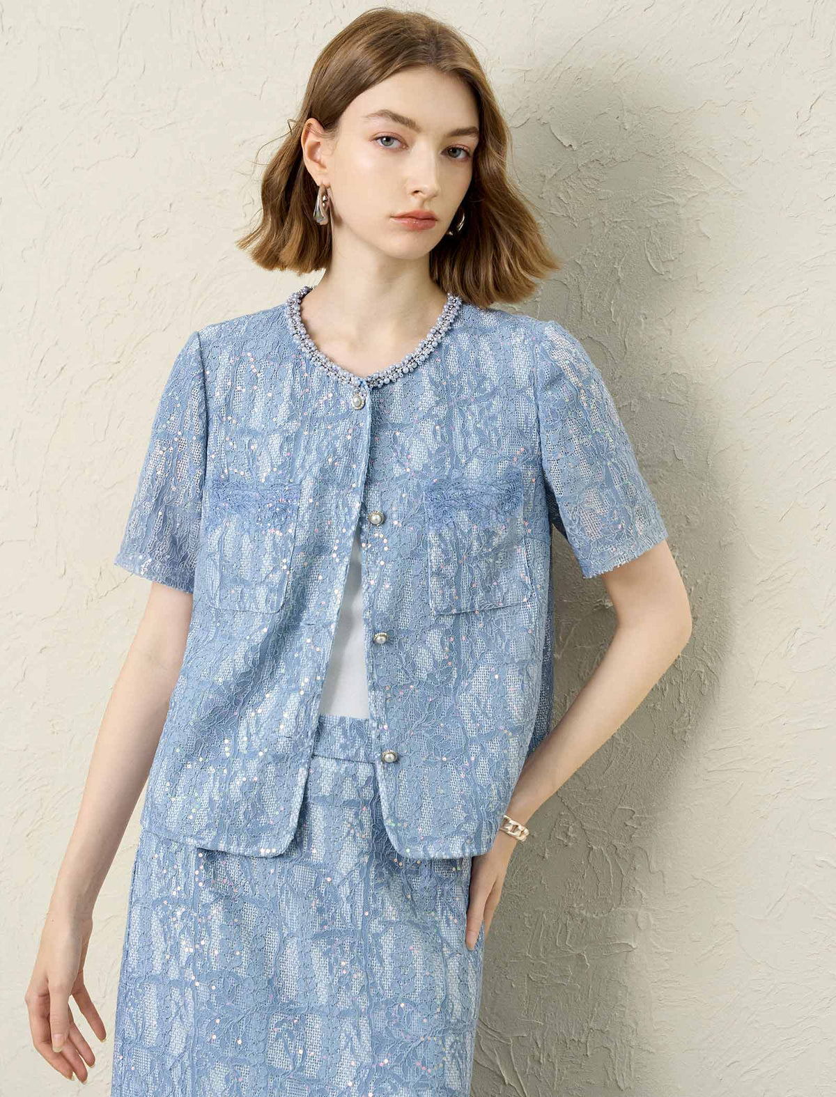 Pearl Trim Short Sleeve Lace Jacket Top