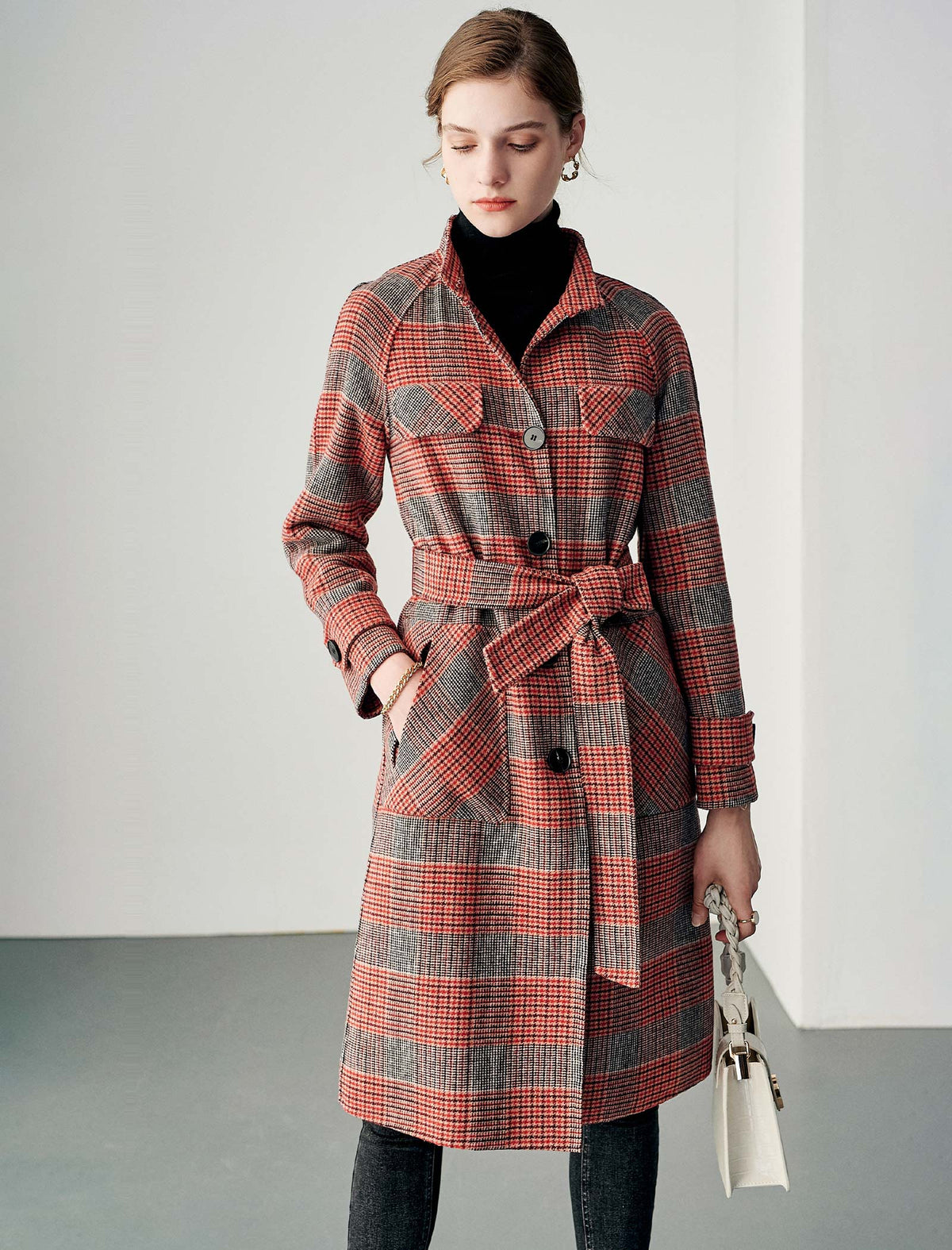 Wool Blend Knit Stand-Collar Raglan-Sleeve Coat