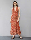 Red Ramie Floral Print Vacation Maxi Dress