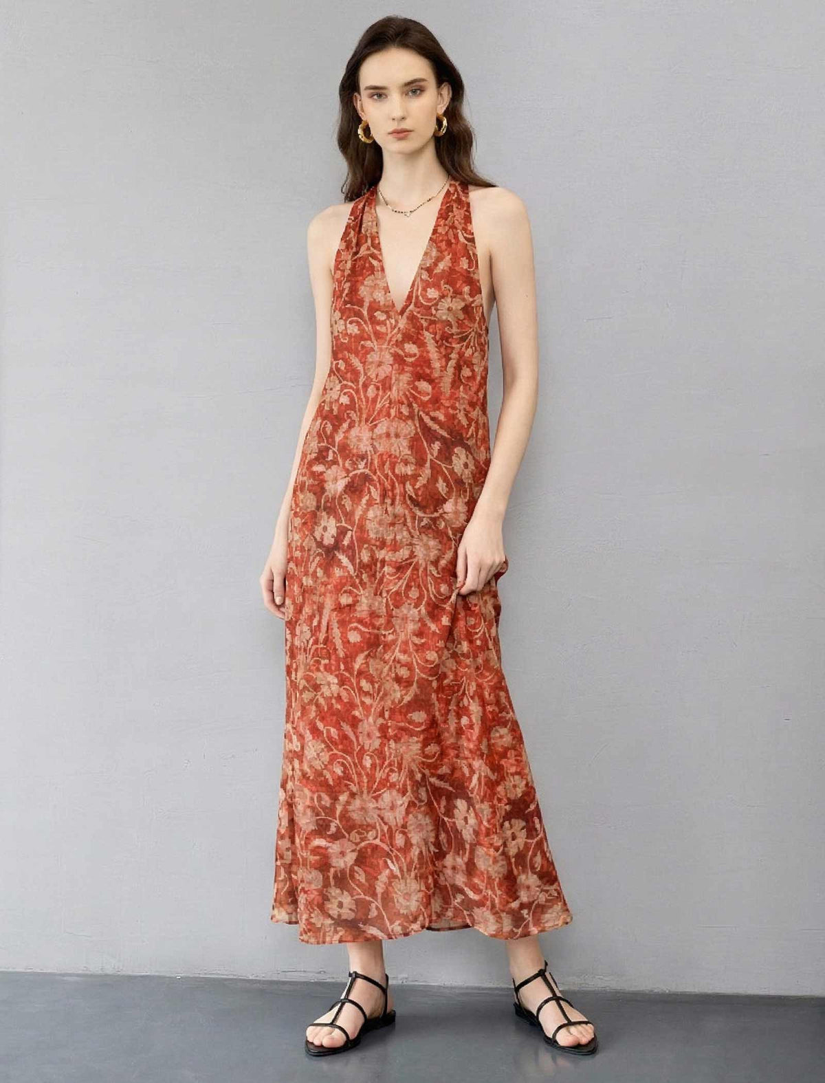Red Ramie Floral Print Vacation Maxi Dress