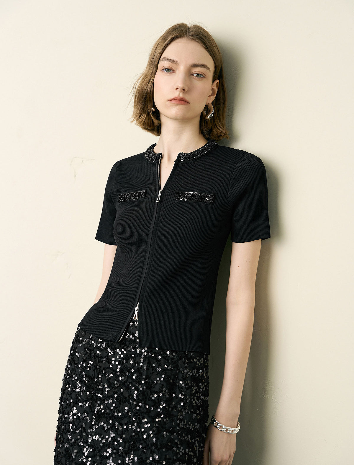 Embellished Zip Front Knit Top