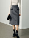 Wool Gray Double-Faced High-Waist A-Line Midi Skirt