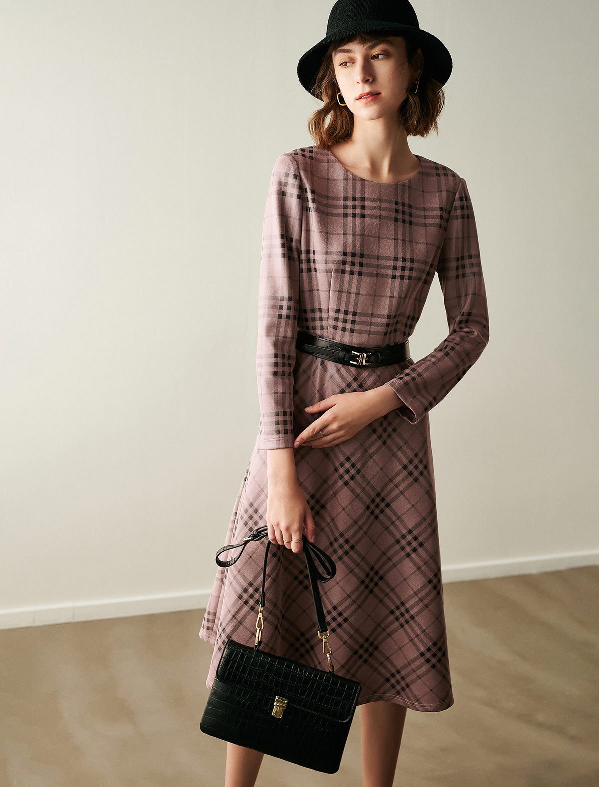 Plaid Crewneck Belted Midi Dress