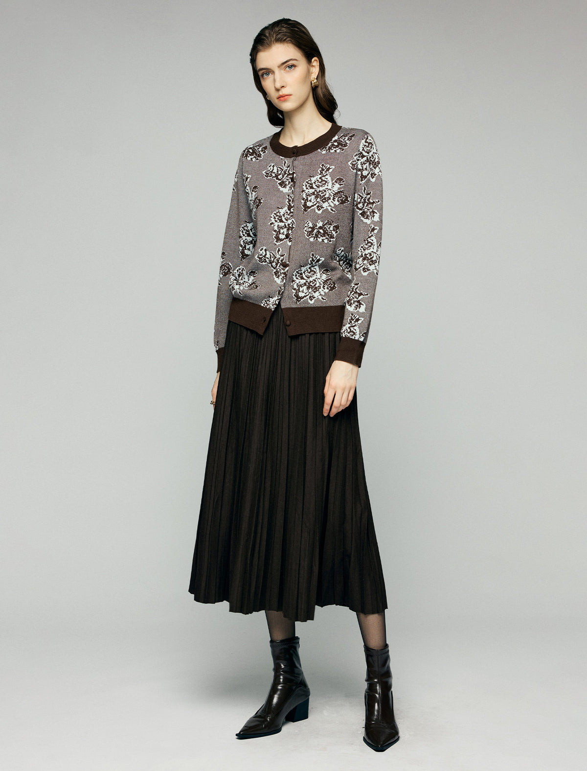 Wool Blend High-Waist Pleated A-Line Midi Skirt