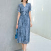 Abstract Print V-Neck Puff Sleeve Midi Dress - Blue Flower