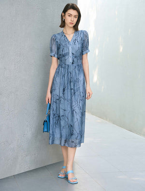 Abstract Print V-Neck Puff Sleeve Midi Dress
