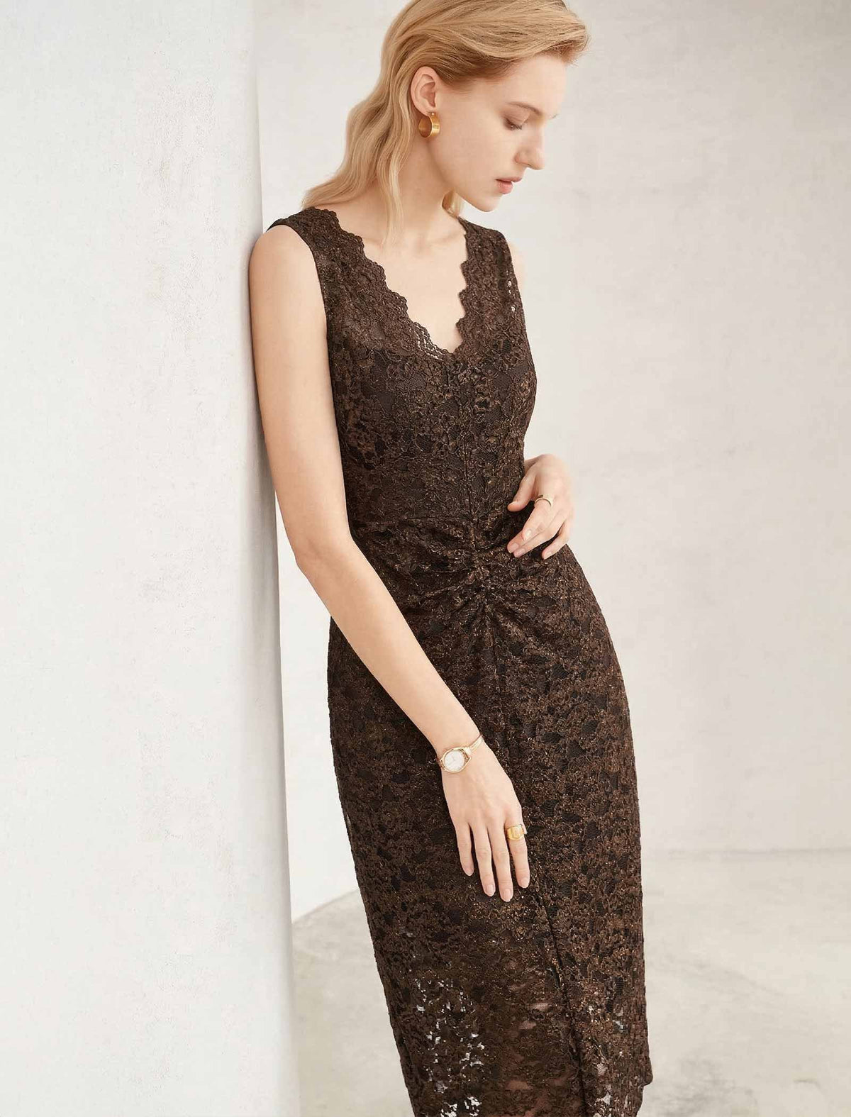 Brown Lace Sleeveless Midi Dress