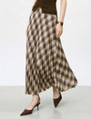Brown Checked Pleated Midi Skirt