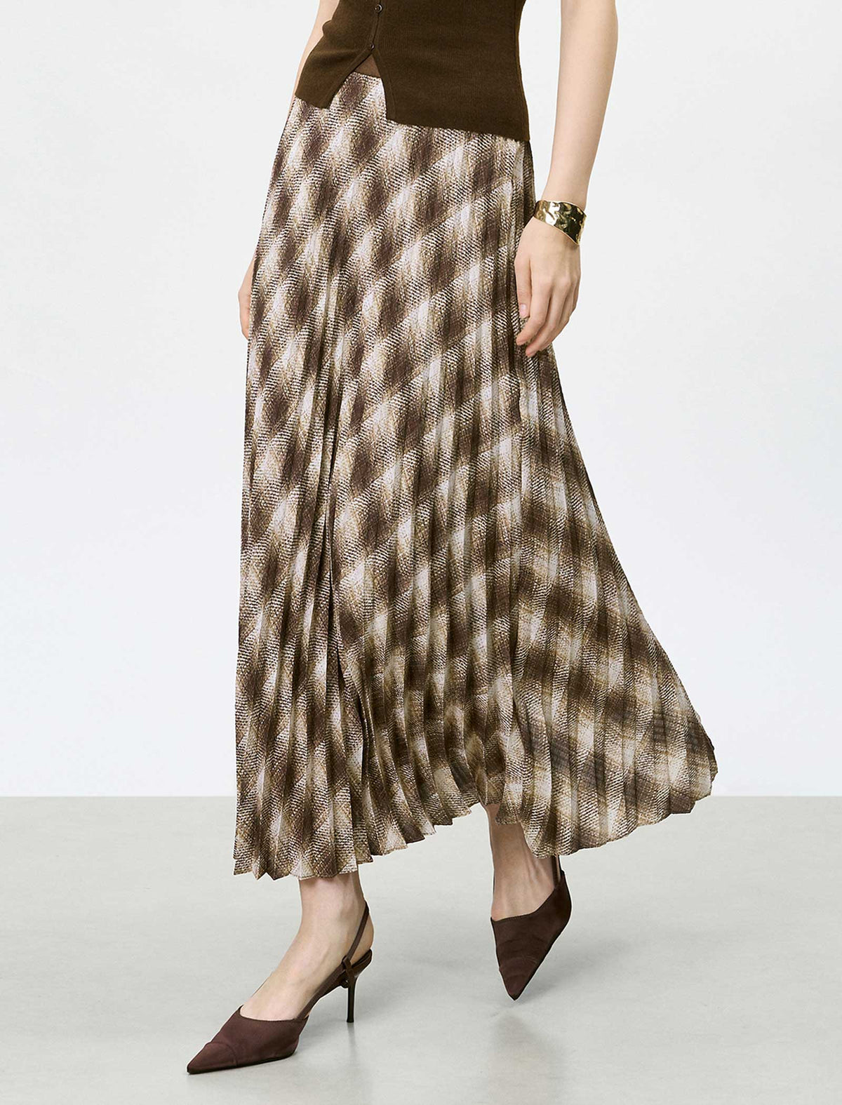 Brown Checked Pleated Midi Skirt