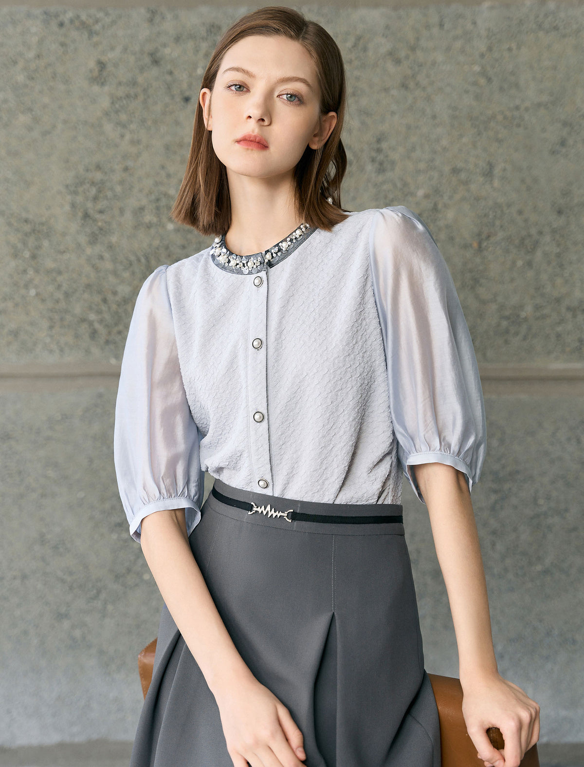 Embellished Collar Puff Sleeve Blouse