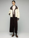 Textured-Trim Contrast-Collar Button-Front Puffer Jacket