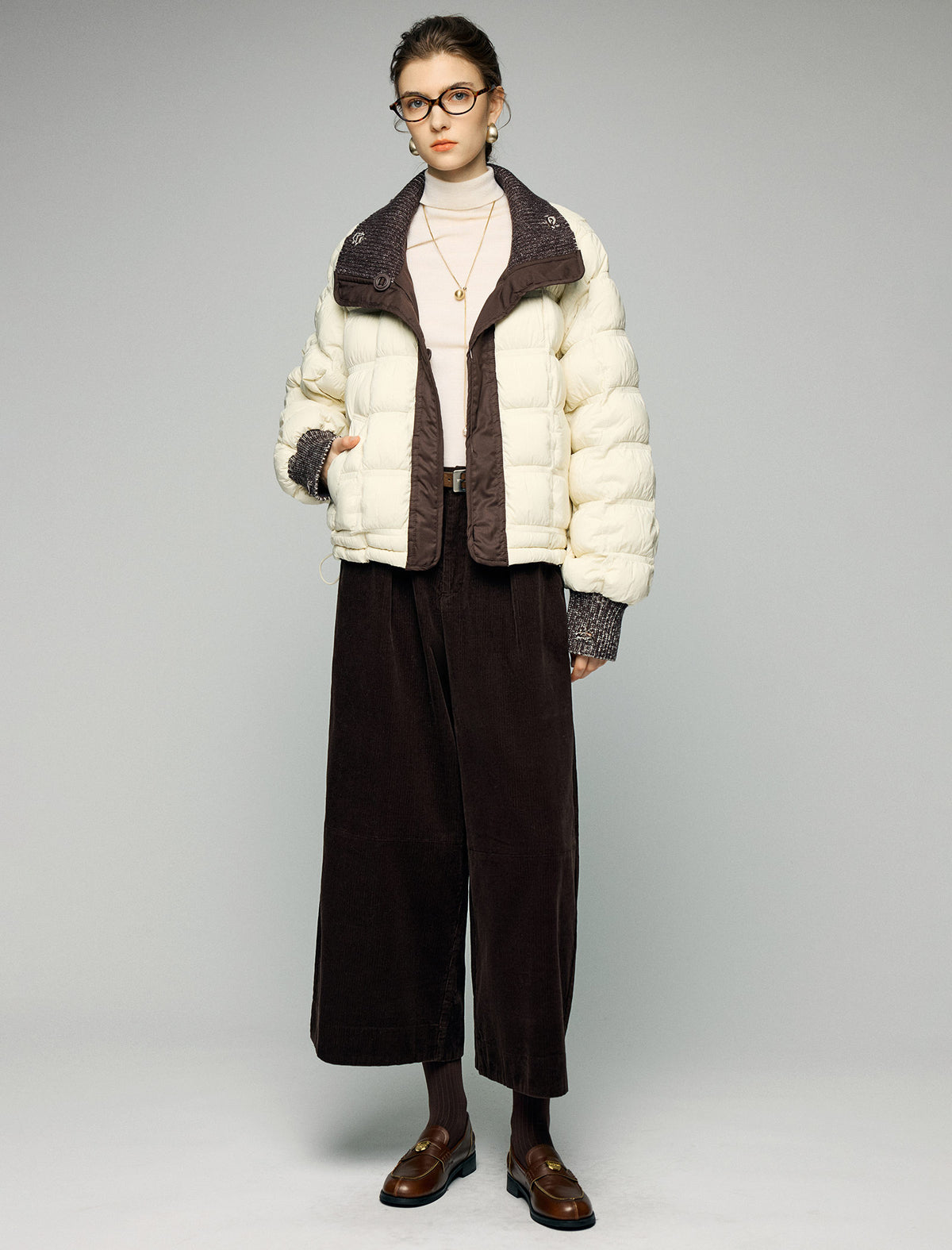 Textured-Trim Contrast-Collar Button-Front Puffer Jacket