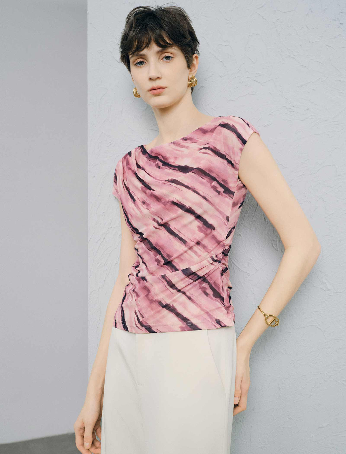 Pink Abstract Print Ruched Waist Top