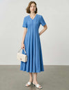 Blue V-Neck Seamed Fit-and-Flare Tencel Midi Dress