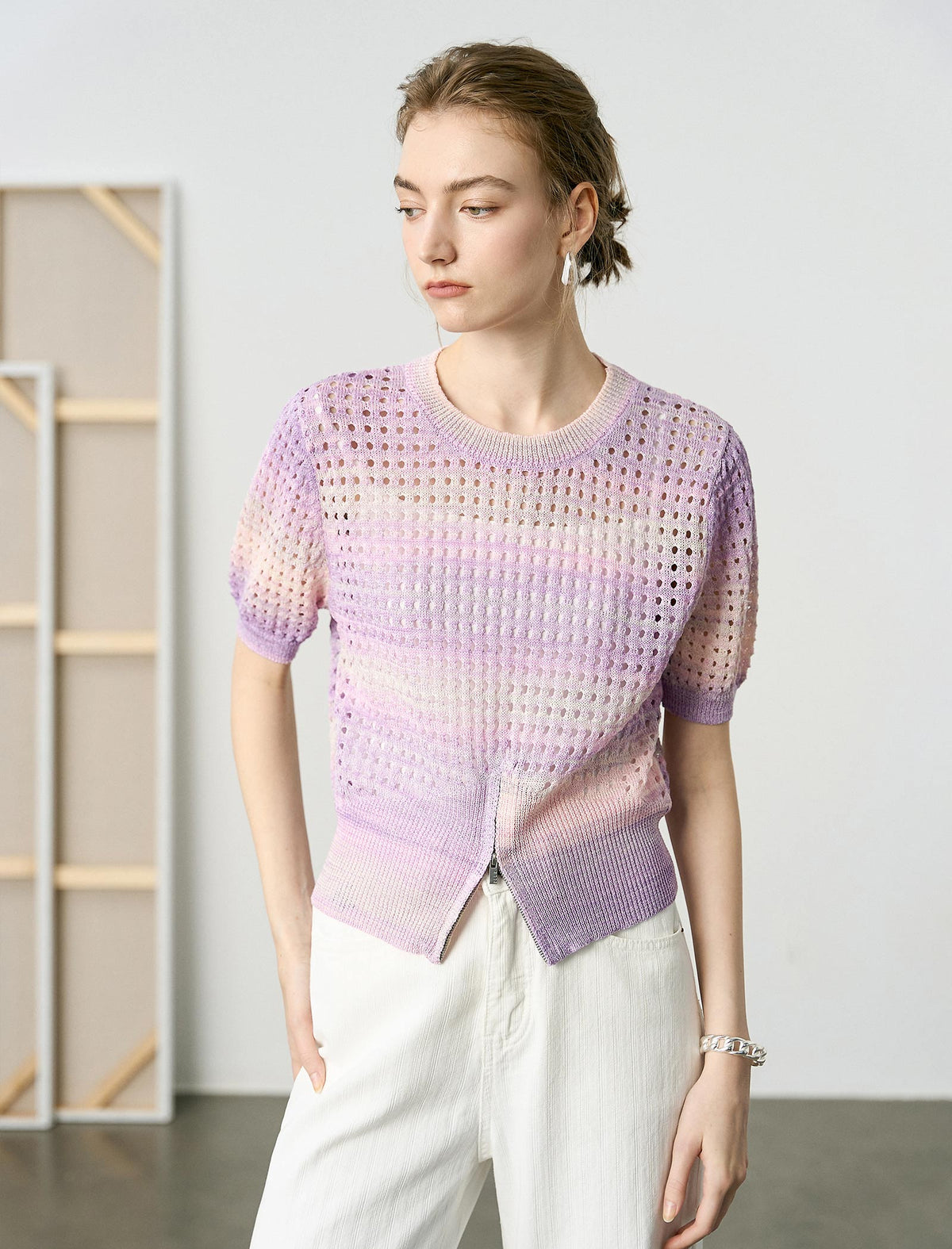 Gradient Hollow-Knit Short-Sleeve Knit Blouse