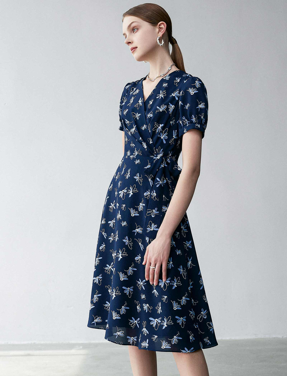 V-Neck Floral Waist-Cinched Dress
