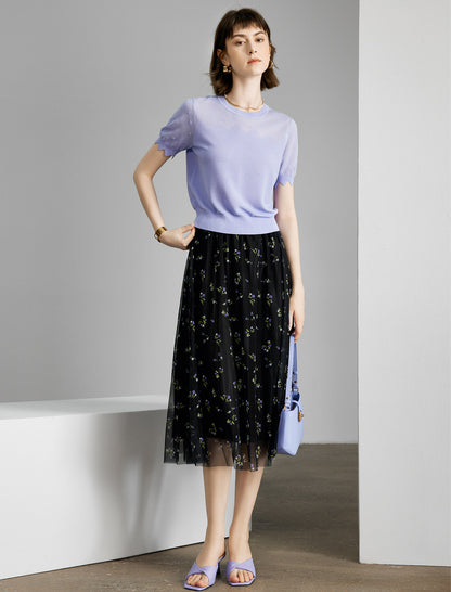 Black Mesh Floral Midi Skirt